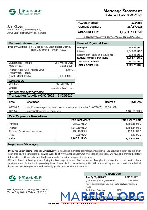 Downloadable Taiwan Land Bank of Taiwan bank mortgage statement in Word and PDF formats sample